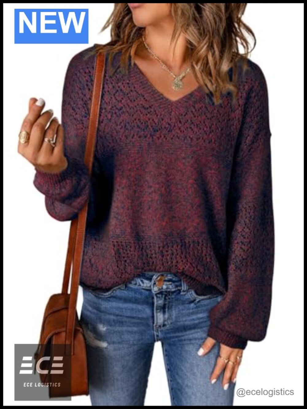 Women's Lightweight Crochet Knit Pullover Sweater V Neck Long Sleeve